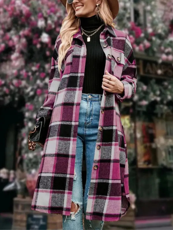 Ladies' Colorblock Plaid Print Button Front Drop Shoulder Coat