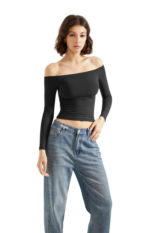 Women's Off Shoulder Long Sleeve Crop Top, Spring Slim Fit Ruched T-Shirts, Casual Layering Basic Tees