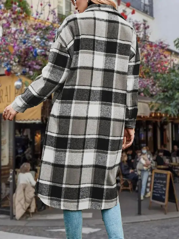 Ladies' Colorblock Plaid Print Button Front Drop Shoulder Coat