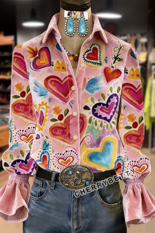 Colorful Heart Print Velvet Valentine's Day Shirt